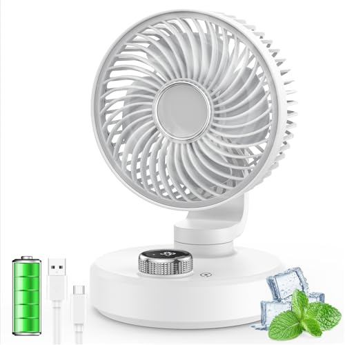ITJMRJP Ventilador de Mesa Silencioso Ventilador Pequeño Portatil Mini USB 6000mAh Bateria Recargable 6 Velocidades Pantalla LED Oscilación Libre de 180° para Oficina Hogar Camping(Blanco)