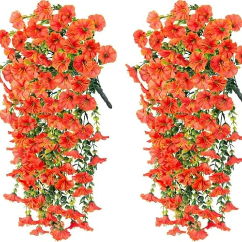 AQCQDQ 2 Stück Kunstblume Hängend Petunien Seidenblumen, Kunstblumen Petunienhänger Petunien Kunstpflanzen Blumen für Outdoor Heimdekoration Garten (D)