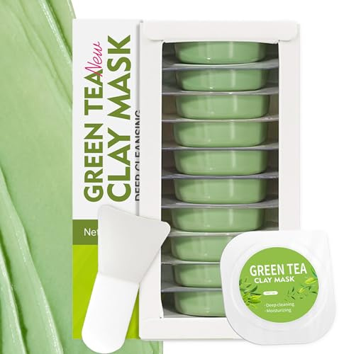 Green Tea Clay Mask Set - Grüne Tee Maske für Tiefenreinigung, Porenverfeinerung und Feuchtigkeitsbalance - Gesichtsmaske Männer und Frauen - 10 Stück Tonerde Maske