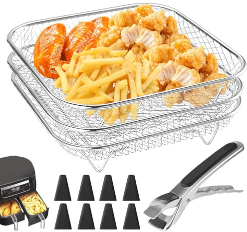 3 cestas de rejilla para freidora de aire caliente: 304 de acero inoxidable 304 Air Fryer Racks con 8 patas de silicona, cestas de acero inoxidable para freidoras de aire, cestas apilables para