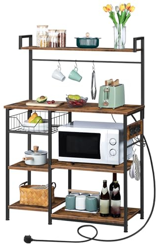 HOOBRO Kitchen Storage Rack with Power Outlet, Bakers Rack, Coffee Station with 4 S-Hooks, Microwave Stand with Storage Shelves, Easy to Assemble, Rustic Brown and Black EBF05KHB01