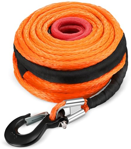 Marsui 1/2 x 100 ft Synthetic Winch Rope Cable Kit, 32000lbs, Orange | Winch Line with Protective Sleeve, Forged Hook Replacement Safety Pull Strap for 4WD Vehicle Truck ATV UTV SUV