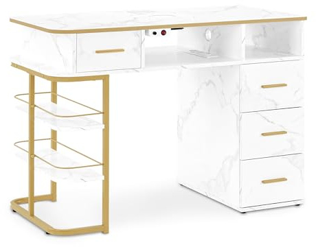 BarberPub Manic en Alquiler con 4 cajones, 1 Estante y 5 estantes, Mesa de uñas con succión, Madera de Mesa de uñas, Escritorio para uñas, Oro Blanco de mármol, 55x112x80cm, 2464