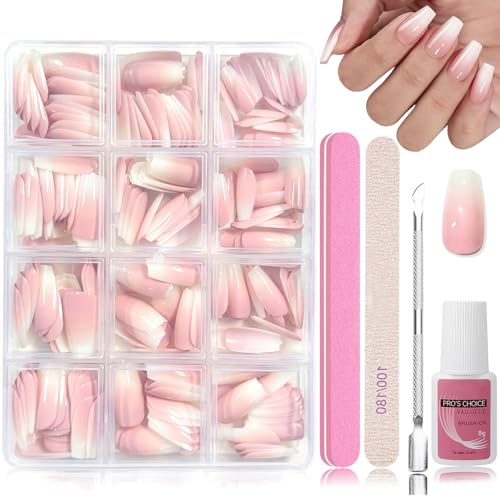 Virellay 288 Stück Gradient Falsche Nägel Zum Aufkleben Set, Weiß Rosa Ombre Künstliche Nägel Tips, Full Cover Press on Nails für Maniküre DIY, Glänzend Fake Nails für Frauen(Long Gradient)