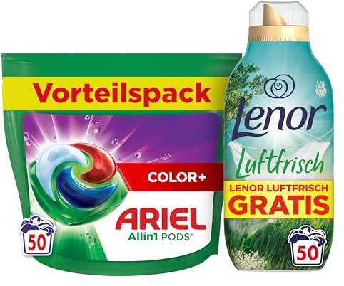 Jetzt Sparen: Ariel Waschmittel Pods All-in-1 50 Waschladungen, Color+ kaufen und Lenor Luftfrisch Weichspüler Landwiese 50 Waschladungen gratis testen!