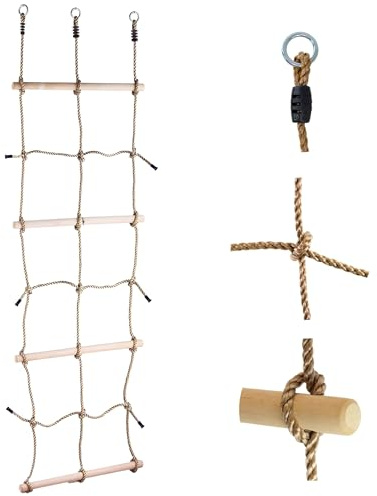 Kletterseil-Leiternetz Für Kinder – Stabiles Sicherheitsnetz Mit Holzsprossen Und Aufhängeösen – Outdoor-Spielplatz Zubehör, Baumhaus, Schaukelgestell Befestigung
