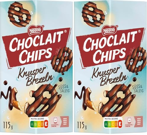 Nestlé CHOCLAIT CHIPS Knusper Brezeln, knackige Salzbrezeln umhüllt von Milchschokolade und verfeinert mit Dekorstreifen aus dunkler Schokolade, 2er Pack (1 x 115g)