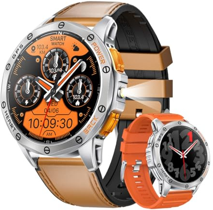 HaoYiShang Military Smart Watches, 170+ Sport Modes for Men with Flashlight, Smartwatch for Android Phones and iPhone, 1.43 AMOLED Screen Bluetooth Call Compass Altimeter (Silver)