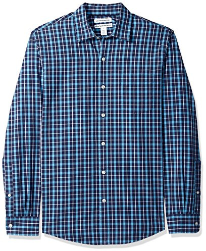 Amazon Essentials mäns Slim-Fit långärmad poplin-skjorta, marinblå rutig, Large