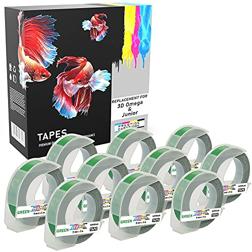 10er Pack S0898160 weiß auf glänzend grün 9mm x 3m Prägeetiketten (selbstklebend, kunststoff) kompatibel für Omega und Junior Etikettenprägegerät