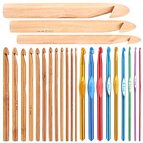 Glarks,Set di 24 uncinetti, 15 pezzi da 3 a 25 mm, in legno di bambù, per lavorare a maglia, con 9 ganci da 2 a 10 mm, in alluminio da 2 a 10 mm, sciarpe, guanti e tessitura a maglia
