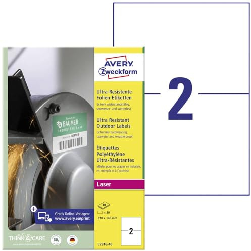 AVERY Zweckform L7916-40 Strapazierfähige Folienetiketten (80 Aufkleber, 210x148mm auf A4, extrem stark selbstklebend, für schwierige Oberflächen, bedruckbare Outdoor Klebefolie) 40 Blatt, weiß