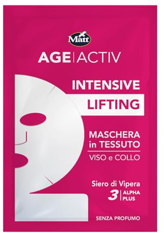 Matt, AGEACTIV Intensive Lifting, Maschera Viso e Collo in Tessuto 100% Naturale e Biodegradabile, con Siero di Vipera 3-Alpha Plus, Riduce le Rughe, Rimodella i Contorni del Viso, Senza Profumo, 20ml