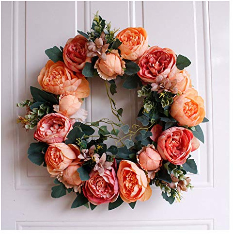 Künstlich Simulation Blumen Pfingstrose Deko Kranz Türkranz Wandkranz Handgefertigt Kranz Blumenkranz Künstliche Dekorative für Frühling Sommer Orange Durchmesser 40cm