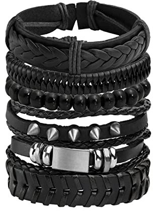 JJDreams 6PCS Punk Armband Herren Armbänder Set Schwarz lederarmband Gothic Geflochtene Armreif Leder