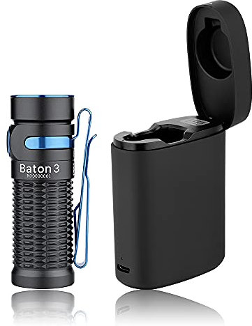 OLIGHT Baton 3 Kit Mini LED Taschenlampe mit Drahtlosem Ladecase, bis zu 94 Tage Laufzeit, Superhelle 1200 Lm 166m Leuchtweite 6 Lichtmodi IPX8 Wiederaufladbare Handlampe für Camping, Notfälle Schwarz