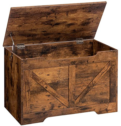 HOOBRO Caja de Juguetes, Banco de Almacenamiento, Taburete de Almacenamiento con Mecanismo de Bloqueo, Robusto, Armario de Madera, Fácil de Montar, Marrón Rústico EBF77CW01