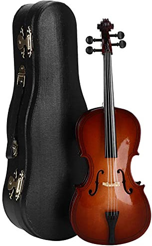 Cello Modell Miniatur mit Koffer, Bogen und Ständer, 23cm Handgefertigt Holz Cello Display Ornament Musikinstrument Zubehör für Puppenhaus Fotorequisiten Hausdekoration