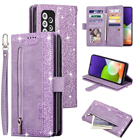 EYZUTAK Handyhülle für Samsung Galaxy A53 5G Hülle,Flip Case Lederhülle Reißverschluss Magnetverschluss Brieftasche mit 9 Kartenfächern Standfuntion Retro Matt Ledertasche-Glitzer Lila