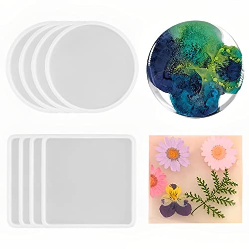 8 Stück Silikonform Epoxidharz Set, 4 Stück Runde Untersetzer-Silikonformen + 4 Quadratische Untersetzer-Harzformen, Untersetzerformen für Harzguss