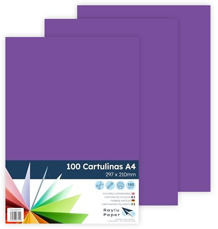 RAYLU PAPER – Cartoncini Colorati A4, 100 Pezzi Fogli Colorati 180g/m², 210 x 297 mm, Carta Colorata Proffesionale per l’ufficio e per l'artigianato (Viola)