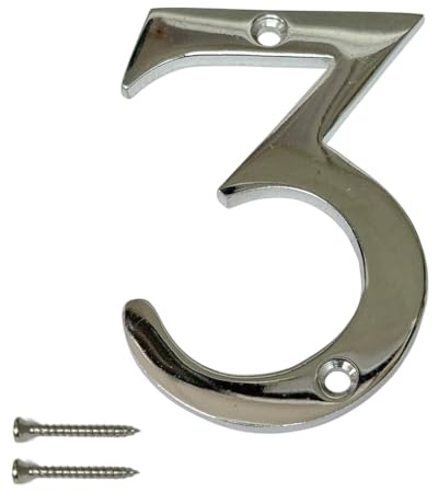 Chrome Door Numbers Screw On 3 Inch Number 3 with Screws | Polished chrome Number 3 door numeral with two matching screws for suitable wooden, uPVC and composite doors.
