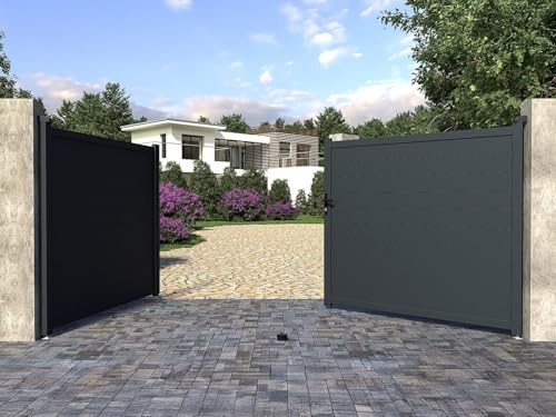 Vente-unique-Gartentor Flügeltor Doppeltor mit Torantrieb - 397 x 181 cm - voll - Aluminium - Anthrazit - NAZARIO