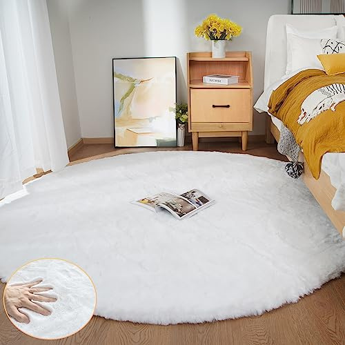 ORINOVA Teppich Wohnzimmer Rund 180 cm Flauschig Weiß Fellteppich Kunstfell Teppich Schlafzimmer Kinderzimmer Kuschlig Groß Gegend Waschbar