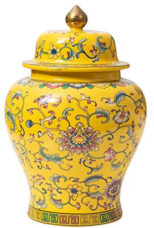 QPZK Jar en Céramique Jingdezhen Pot De Gingembre avec Couvercle Vase Dessiné À La Main pour Décoration Intérieure, Pot De Temple De Style Chinois, Pot De Rangement Yellow