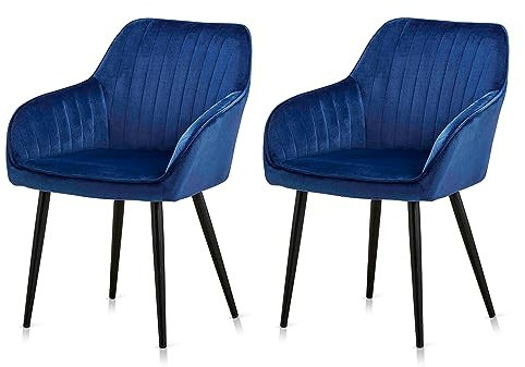 KHG 2er Set Esszimmerstühle Polsterstuhl Küchenstuhl Sessel mit Armlehnen Blau Samt - Metallbeine schwarz, Rückenlehne und Armlehnen gesteppt - Design Stuhl Sitzhöhe 47 cm