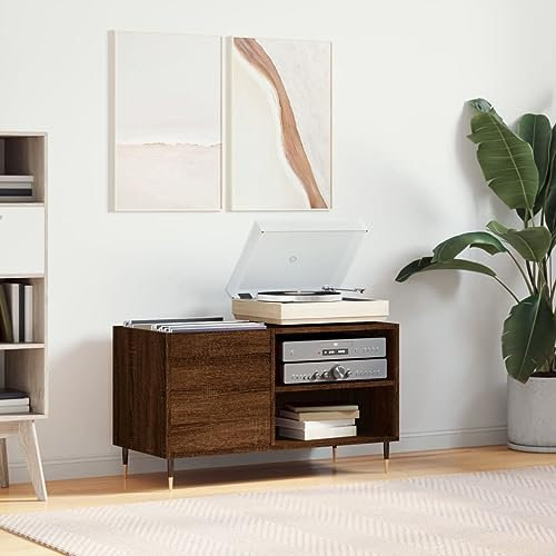 prissent Meuble porte-disques 85 x 38 x 48 cm en bois multicouche, porte-disques vinyle, étagère étroite, meuble salon, meuble TV, meuble pour CD, bibliothèque, bois chêne marron