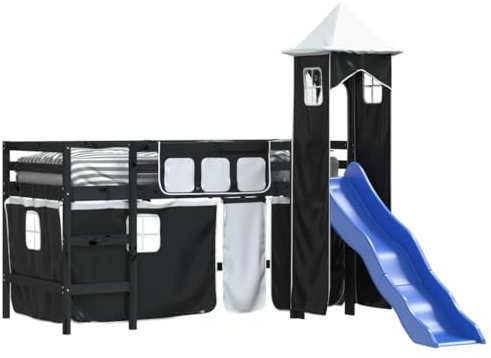 vidaXL Kinderhochbett, Hochbett mit Turm Rutsche, Spielbett Bett für Kinder ab 6 Jahren, Kinderbett Etagenbett Stockbett, Weiß Schwarz 90x190cm Kiefernholz