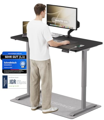 DESKSPACE PRO Elektrisch höhenverstellbarer Schreibtisch (140x70 cm) | Bürotisch mit Kollisionsschutz, Memory-Funktion, USB-Anschluss, 10 Jahre Garantie (Gestell grau, Tischplatte schwarz)
