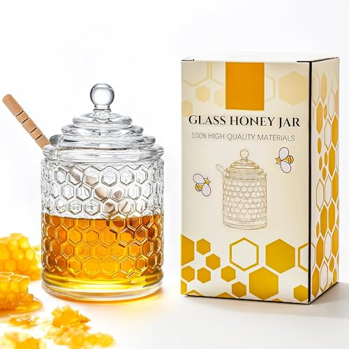 kanpura Clear Crystal Honey Pot with Dipper and Lid Glass Honey Jar with Dispenser Honey Holder and Syrup Container for Christmas Home Kitchen Decor,9 oz
