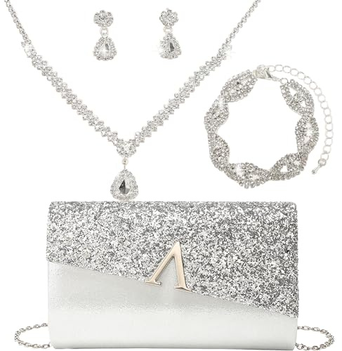 OUAYEMEL Glitter Evening Clutch Purse for Women Sparkly Shiny Handbag Ladies Wedding Prom Purse 4 Pieces Rhinestone Jewelry Set