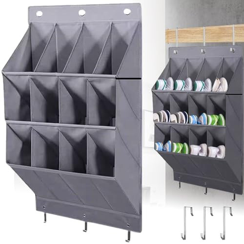 Kayuneed Schuh-Organizer zum Aufhängen über der Tür, Hängende Schuhaufbewahrung mit 12 große Taschen, Schmal über Tür Schuhaufbewahrung mit 3 Haken Türschuhregal für Schrank, Schlafzimmer, Wohnzimmer