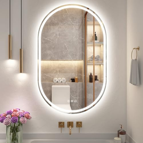 S'bagno Oval badrumsspegel med ljus 80 x 50 cm, LED-badrumsspegel med Bluetooth och anti-dimma, 3 000K/4000K/6500K, IP44 vattentät, HD-härdat glas, minne, horisontell/vertikalt