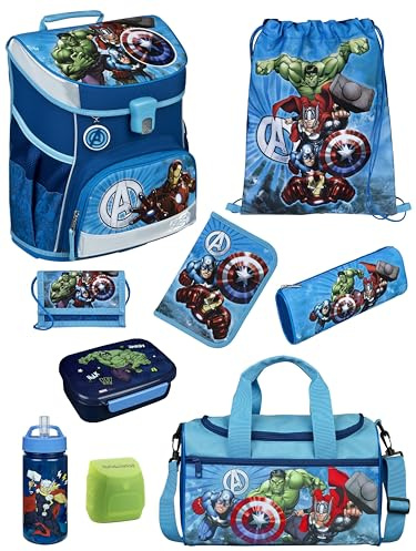 Familando - Scooli Campus Fit Schulranzen Set - 9-teilig mit Sporttasche - Marvel Avengers Hell-Blau - Ergonomisch, stabil & 980g leicht - 18L Volumen - Brustgurt & Reflektoren - ab 1. Klasse
