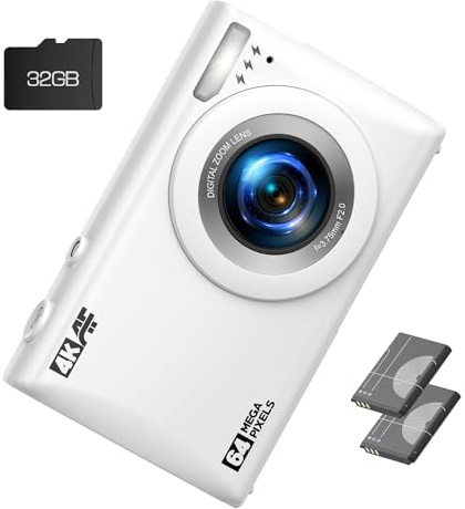 4K Digital Camera for Vlog 64MP Autofocus 32GB Card, Point and Shoot Digital Cameras with 18X Digital Zoom, 2 Batteries, Compact Travel Camera for Teens Boys Girls Kids White