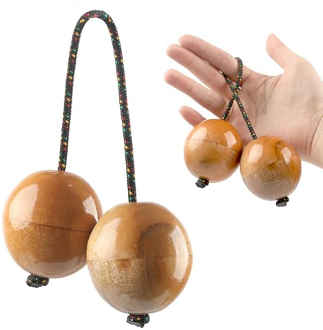 GOGHOST 1 Pack Wooden Kashaka Shaker, Asalato Instrument Rhythmic Ball, Adjustable Length African Shakers, Traditional Aslatuas Double Balls Hand Percussion for Performances