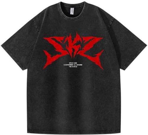 Silver Basic Maglietta Vintage Stray-Kids a Manica Corta Stampa Dominate World Tour SKZ t-Shirt in 100% Cotone Donna Uomo Streetwear Top S,Black-1