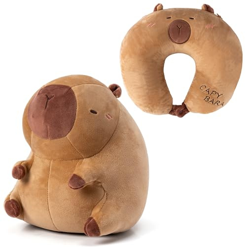 GwaOery Kinder Reisekissen mit Capybara Plüschtier 2-in-1 | Schlaf und Spielbegleiter Weiches U-förmiges Nackenkissen aus Memory Schaumstoff Bequemes Reisen für Erwachsene und Kinder