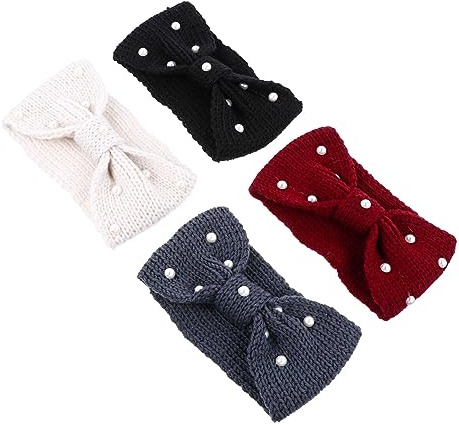 Ipetboom 4 Stück Teiliges Elastisches Strick Stirnband mit Perlen Weiches Winter Haarband für Damen und Mädchen Dehnbar mit Elegantem Schleifen Design Atmungsaktiv und Komfortabel als