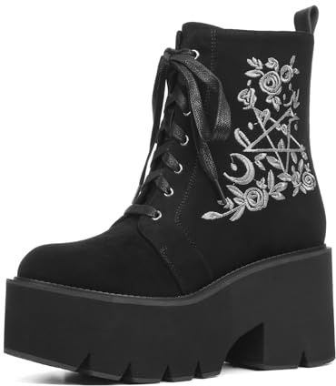 Lyrisiphy Women's Gothic Ankle Boots Black Platform Combat Boots with Punk Chains & Studs Lace Up Wedge Boots for Womens Rave Festivals Halloween, Blacksuede, 4.5 UK