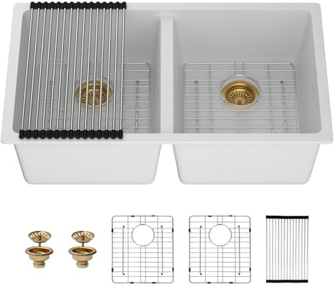 33 Granite Composite Kitchen Sink - Couoko 33x19 Inch White Undermount Granite Kitchen Sink White Quartz Sink Under Counter 50/50 Double Bowl Sink Basin