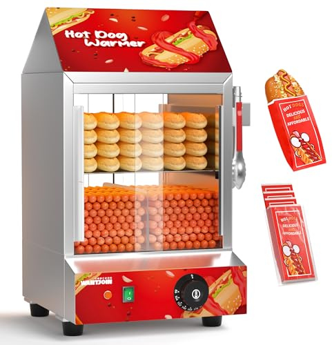 WantJoin Hot Dog Steamer - 28.8QT Commercial Electric Hot Dog Steamer with Bun Warmer, Dual Glass Sliding Door Steaming Machine Adjustable Temperature for 175 Hot Dogs and 40 Buns Red
