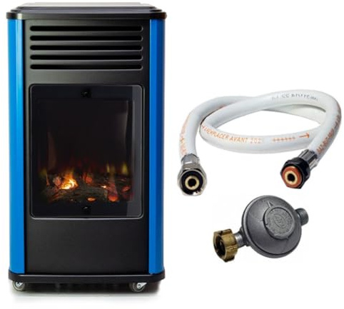 Sahara - Poêle à gaz 3,4KW Bleu et Noir Effet poêle à Bois Manhattan Chauffage d'appoint + Tuyau gaz + Détendeur Butane