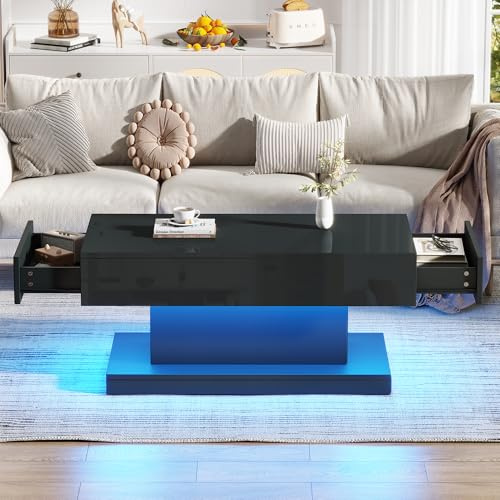 FammyLoft Couchtisch mit LED-Lichtleiste, Wohnzimmertisch mit 2 Schubladen, Hochglanz Beistelltisch, Rechteckig Kaffeetisch, Schwarzer Teetisch im Schlichten Design, 100 * 50 * 45cm