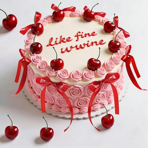 Floruvia decorazioni per torte di ciliegie – 30 pezzi di ciliegie artificiali realistiche e fiocchi rossi per decorare torte, frutti finti non commestibili per feste di compleanno e matrimoni