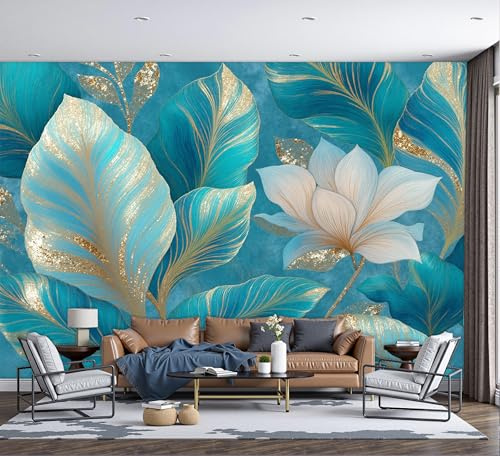 GSAEIMCT Papier Peint Panoramique Feuilles De Palmier Linéaires 200X140Cm Décoration Murale Moderne,Tapisserie Décorative Pour Chambre Salon,Décoration De Luxe,Turquoise
